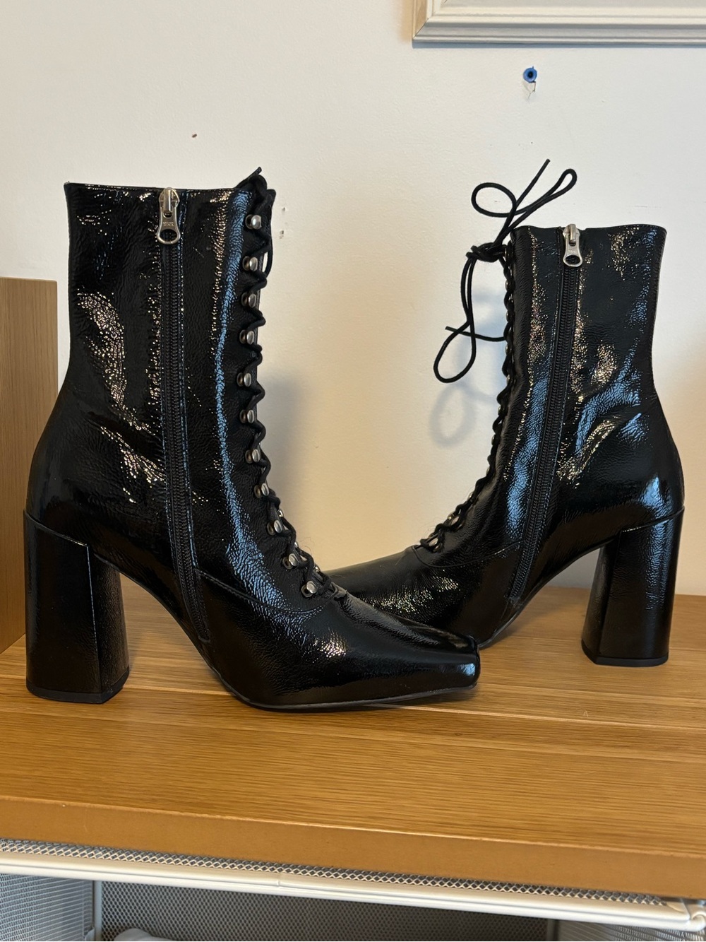 L'INTERVALLE Black Patent Lace-Up Block Heel Ankle Boots